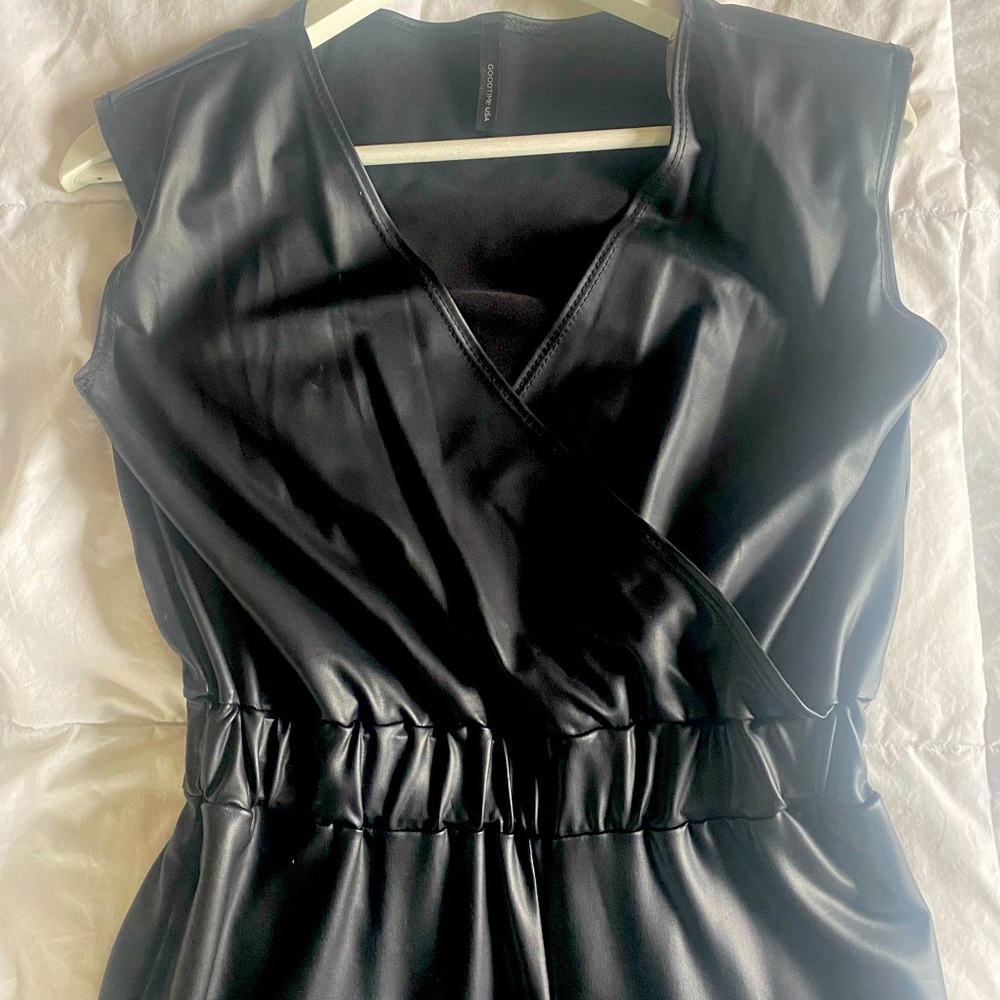 Black Faux Leather Pants Romper, Sleeveless, Deep Plunge, Womens, Size L